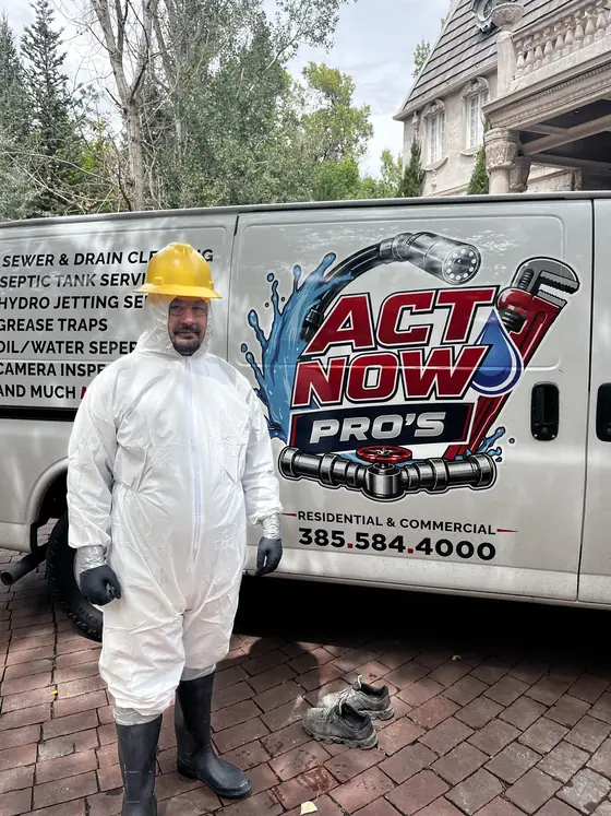 Act Now Pros technician beside an open outdoor service access