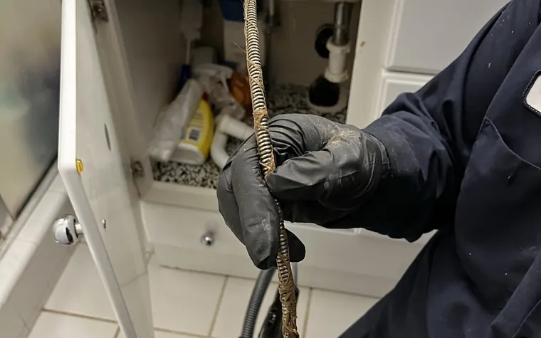 Technician clearing a blocked bathroom drain line