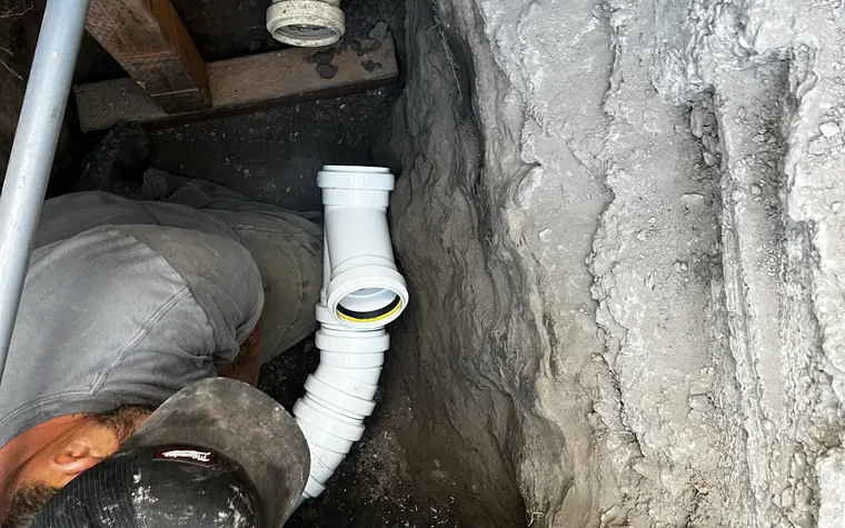 Technician replacing pipework in a trench