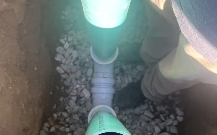 New clean-out and pipe connections set in gravel